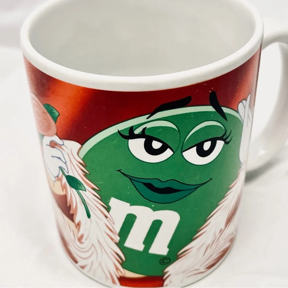 Coffee Mug - Green M&M, White Feather Boa and Pink Rose, EUC